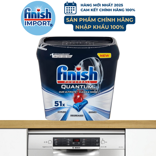 Hộp 51 viên Finish Quantum Ultimate 2020, công thức mới, siêu cao cấp với 16 tính năng/viên, dành cho máy rửa chén 13-15 bộ